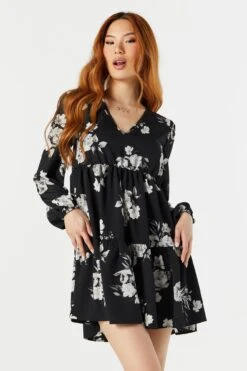 Black Floral Long Sleeve Tiered Babydoll Dress