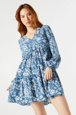 Mini Aura Shop 26 Blue Floral Long Sleeve Tiered Babydoll Dress