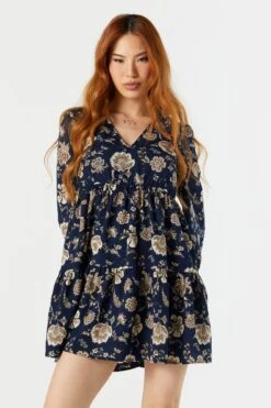 Navy Floral Long Sleeve Tiered Babydoll Dress