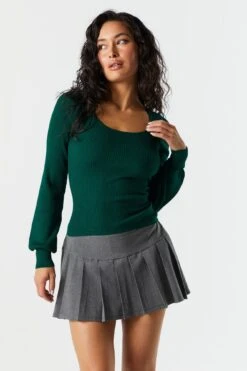 Scoop Neck Balloon Sleeve Ribbed Sweater -Mini Aura Shop 078524854113 33